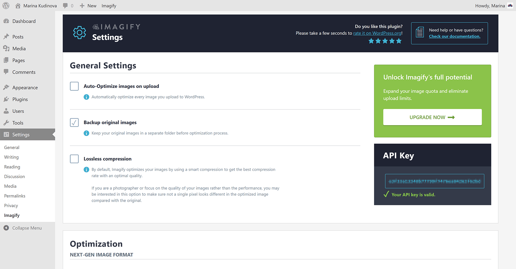 Imagify plugin settings under Settings > Imagify Imagify plugin settings under Settings > Imagify in WordPress.